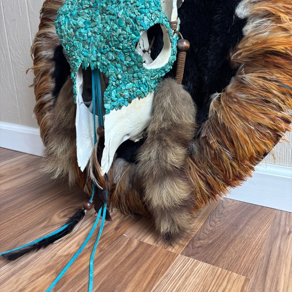 Turquoise Skull Wall Hanging Fur Feathers Leathers Accents - Picture 7 of 12